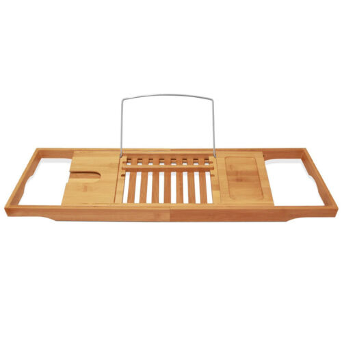 Extendable Bathroom Bamboo Bath Caddy Wine Glass Book Holder Tray Over Bath Tub - Picture 4 of 8