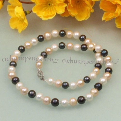 Fashion Natural 7-8mm White Black Pink Freshwater Cultured Pearl Necklace 15-19" - Picture 9 of 17