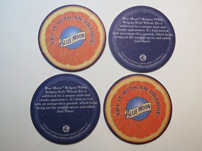 4 Beer Coasters ~ 2005 BLUE MOON Brewing Co Belgian White Wheat Ale ~ Golden, CO