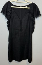 Stevie May Linen Dress Small Black Short Sleeve V Neck Fringe Boho