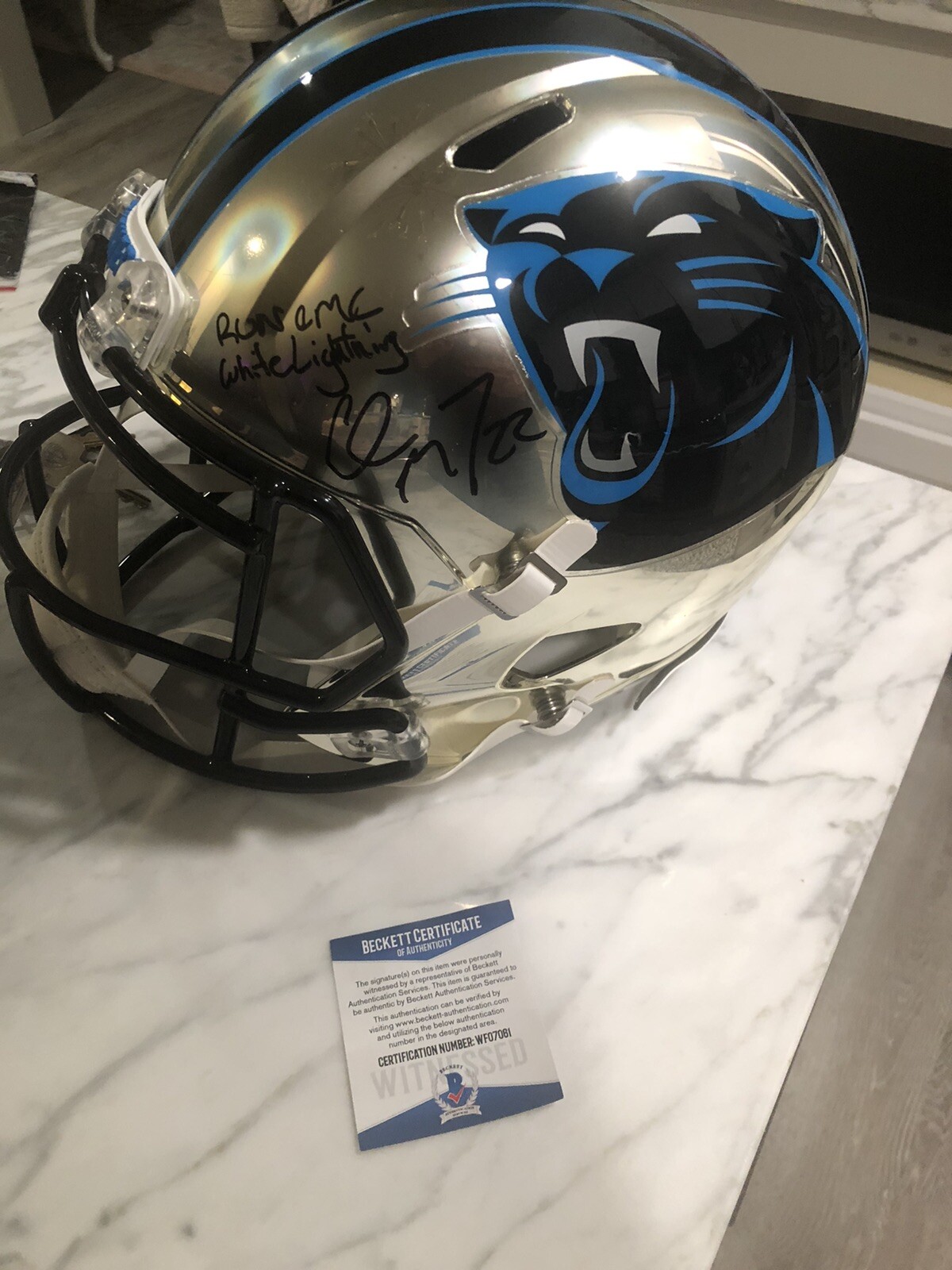 Christian McCaffrey Autographed Signed Carolina Panthers Full Size Chrime Helmet Beckett COA 