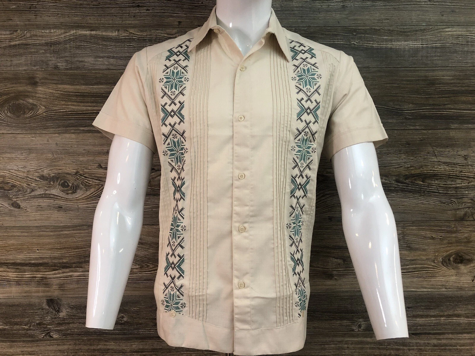 Men's Mexican Guayabera Shirt Beige Linen Short Sleeve Mint Green Embroidery