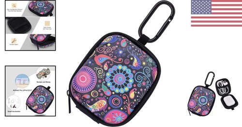 Hard EVA Shockproof Cover - Earbud Case with Carabiner Clip - Black+Fireworks - Picture 2 of 9