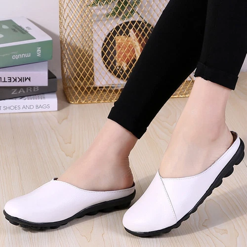 Womens Mules Slip-on Shoes Leather Backless Loafers Casual Flat Shoes Summer - Picture 30 of 61