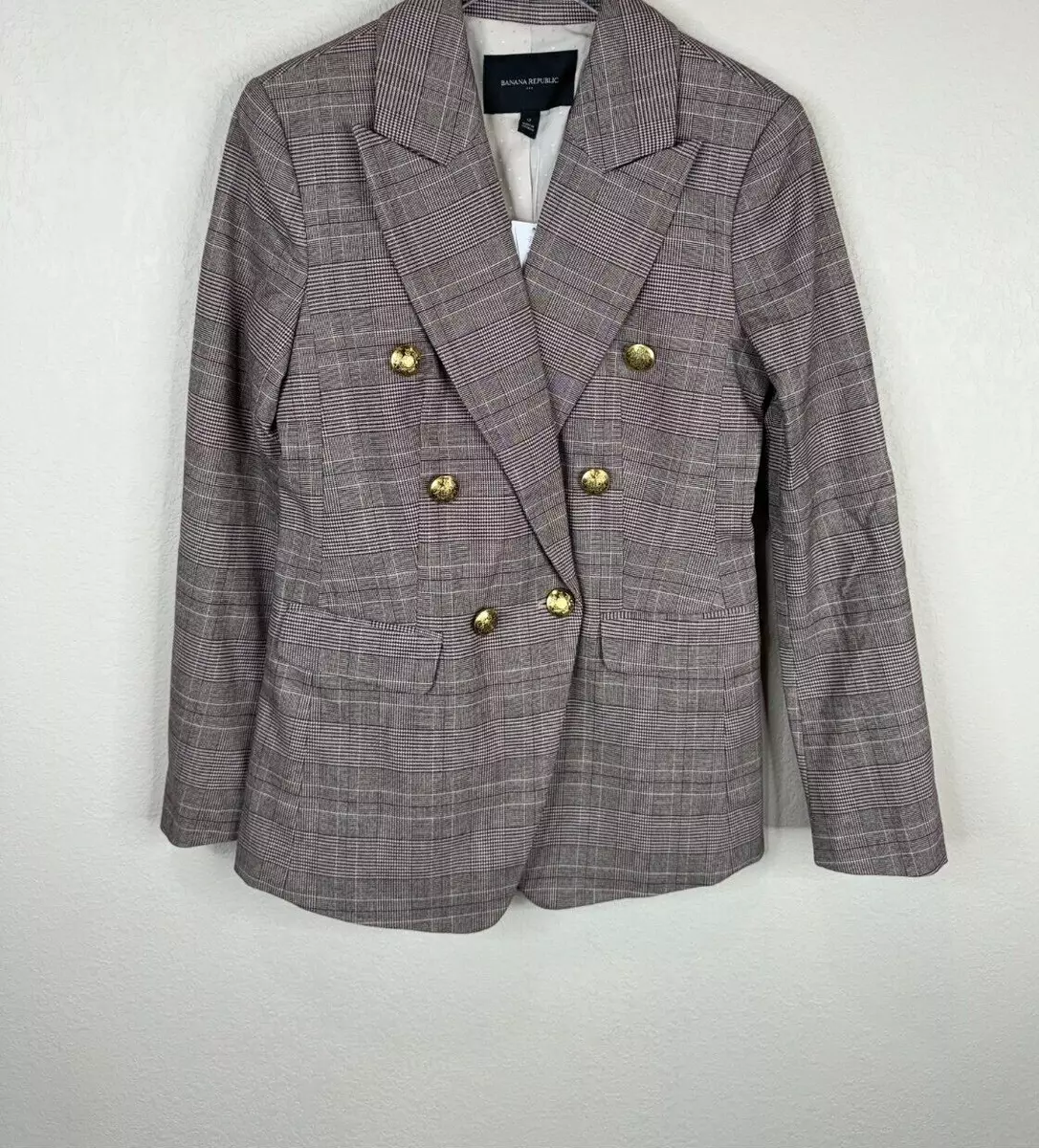 NWT Banana Republic Womens Icon Blazer Jacket Size 0 Brown Plaid Double Breasted