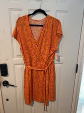 Nine West Orange Pink Floral Knit Wrap Dress Belted XXL Short Sleeve Knee Length