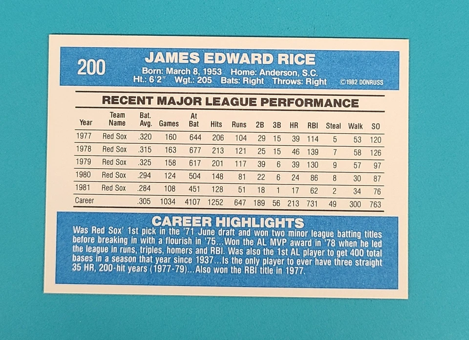 1982 Donruss   #200 Jim Rice  Boston Red Sox Baseball Card N3 - Image 2 of 2