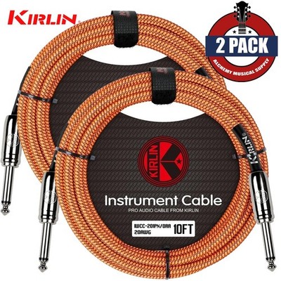 2-PACK Kirlin 10FT 1/4'' Straight Woven Orange Guitar/Bass Cables with Cable Tie