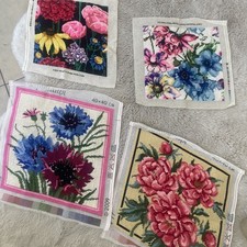 Lot of 4 Finished Needlepoint Flowers on Canvas Unframed