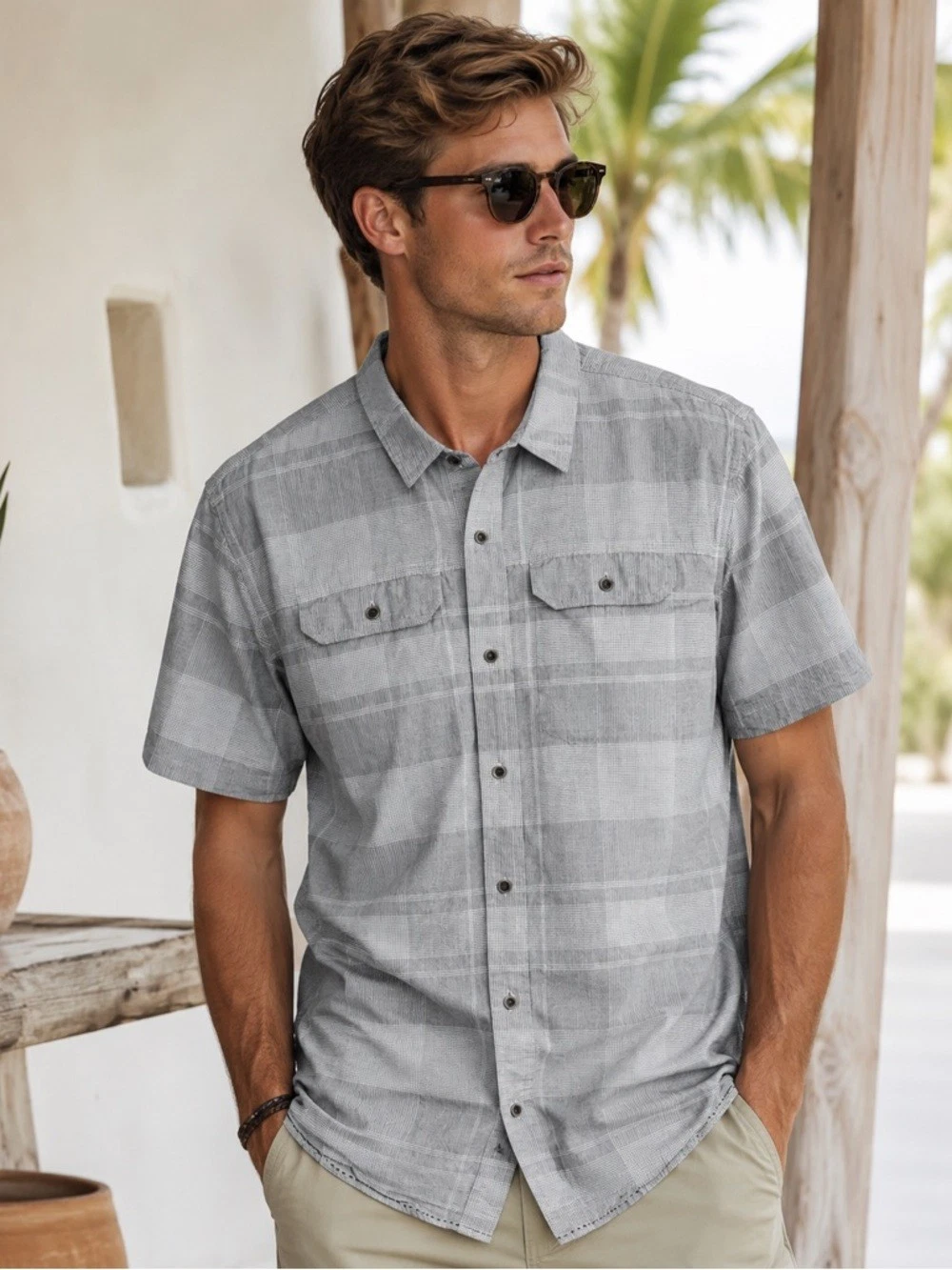 prAna Men Organic Cotton Plaid Button Up Shirt Sz L Gray Outdoor Hiking Coastal