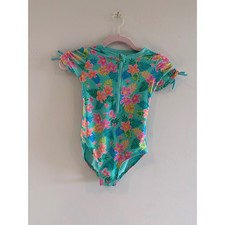 Cat  Jack Girls Turquoise Tropical Floral Half Zip One Piece Swimsuit Size M 8