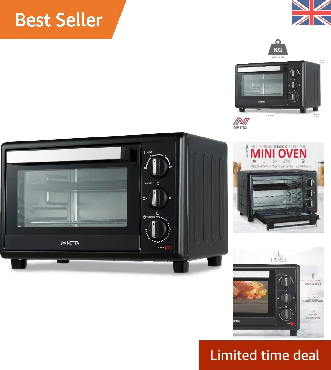 30L Mini Oven & Electric Grill - Large Portable Table Top Cooker with 60-Minu...