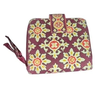 Vera Bradley Mini Zip Wallet Medallion Pattern – Burgundy/Yellow – 4"x4.5" – 
