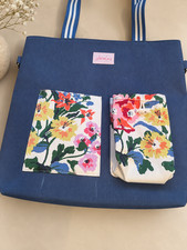 Joules Medium Canvas Tote Bag Blue Floral Shopper Bag Striped Handles Lined