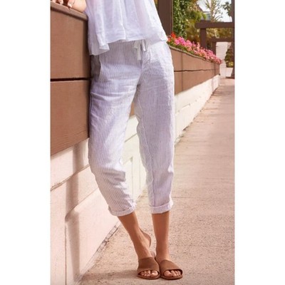LVHR Taylor Crop Pant White Navy Pinstripe 100% Linen Relaxed Drawstring Size M