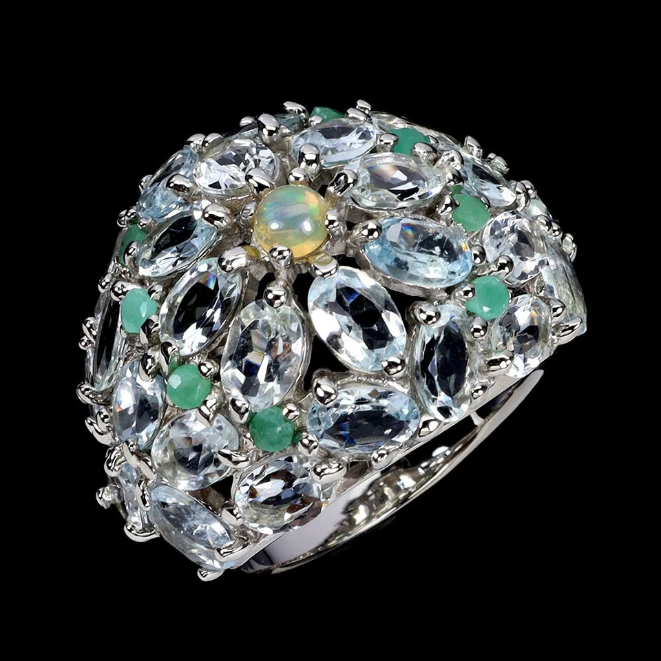 Anello In Argento Sterling 925 Acquamarina 6x4mm Opale Di Fuoco Gemma Gioielli - Immagine 2 di 4