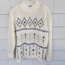 Alfred Dunner Vintage Deadstock Embroidered Mockneck Sweater Cream size XL NWT