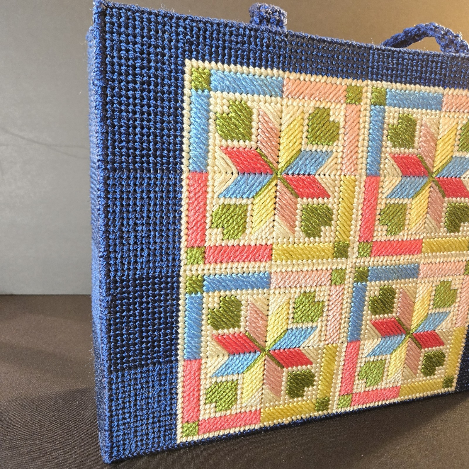 Vintage Needlepoint Patchwork Blue Tote Grannycor… - image 8