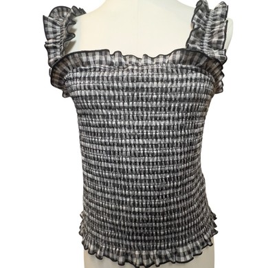 Vero Moda Ruffle Crop Top Black/White Gingham Check XL Smocked Summer Vacation