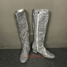 Bling Bling Sequins Low Chunky Heels Women's Knight Knee High Boots Shoes Party