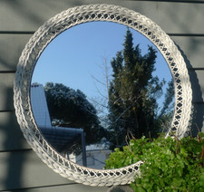 Vintage Wandspiegel Spiegel m. geflochtenem Rahmen Rattan 60-70er Weiß Ø 57,5 cm