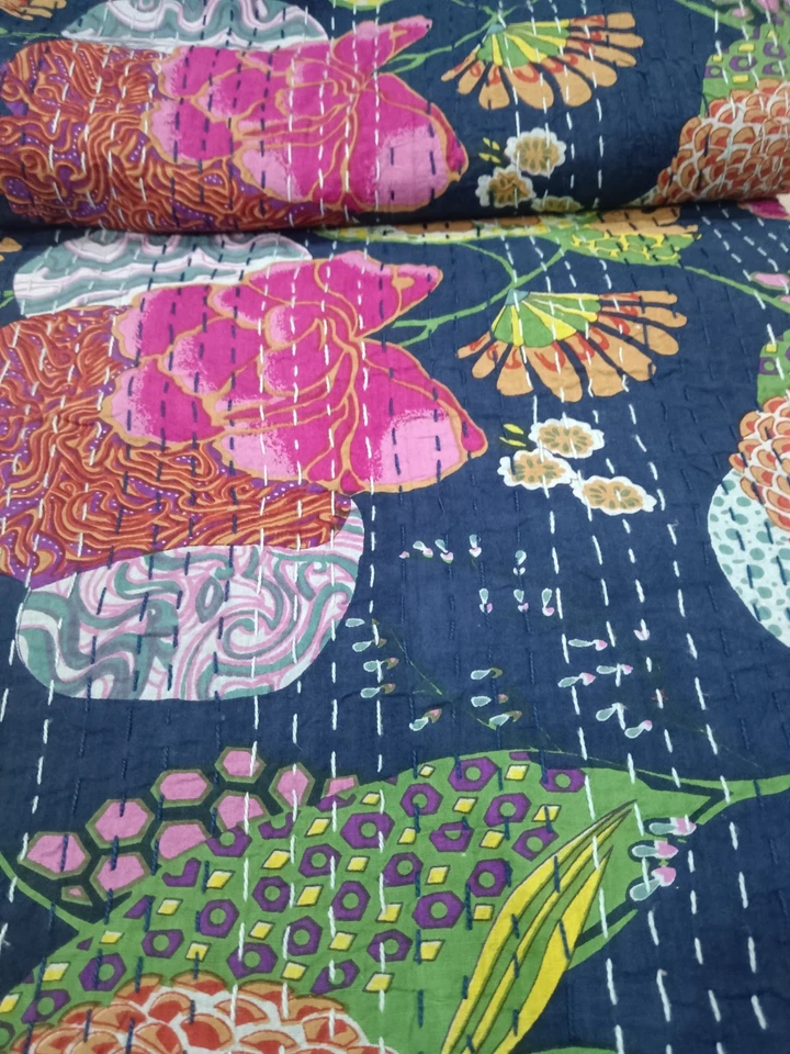 Colcha edredón Kantha floral negra hecha a mano india manta algodón tiro Gudri Foto 4 de 4