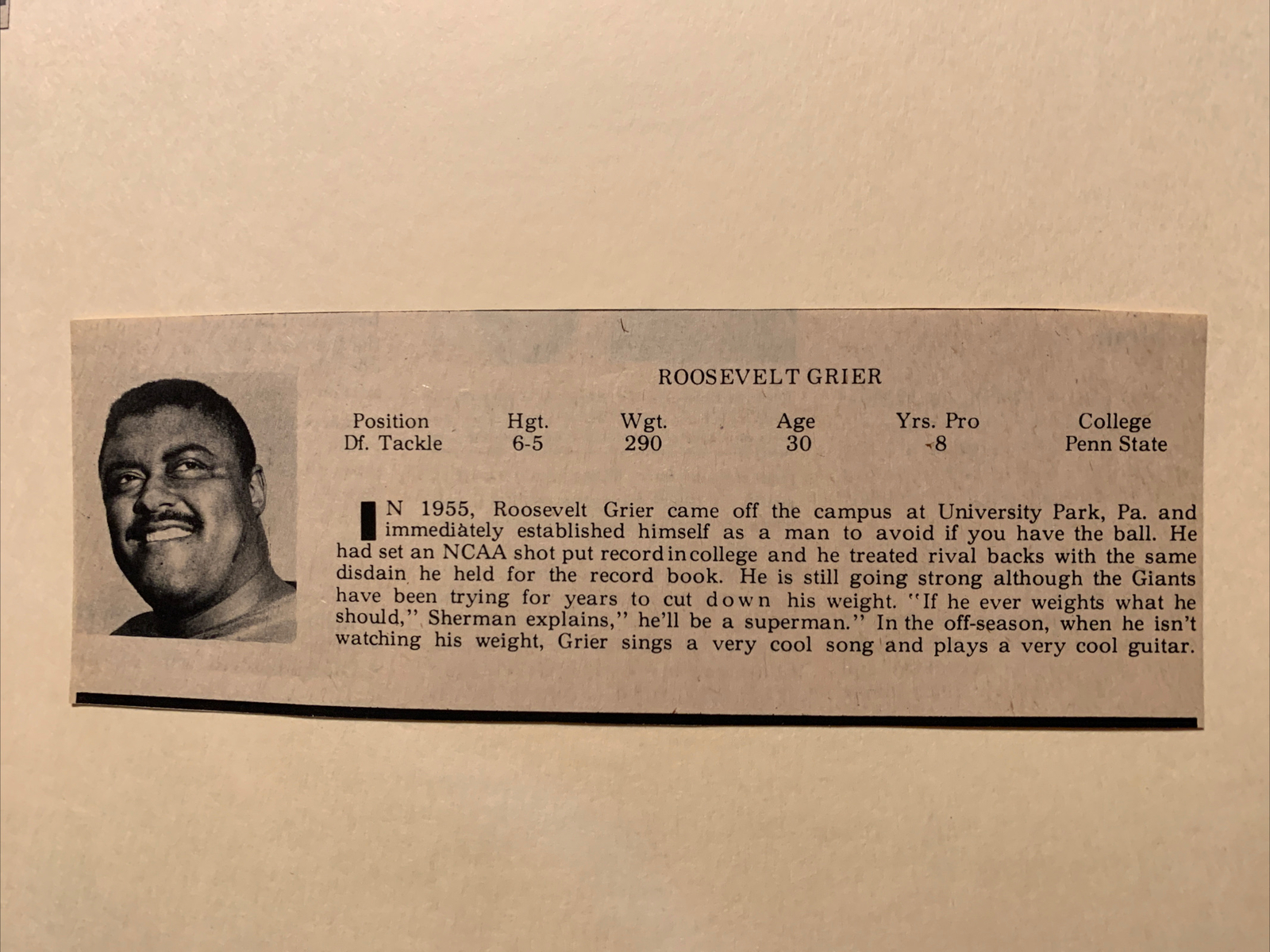 Rosey Grier Los Angeles Rams 1963 PFI Football Pictorial 7X3 Panel | eBay