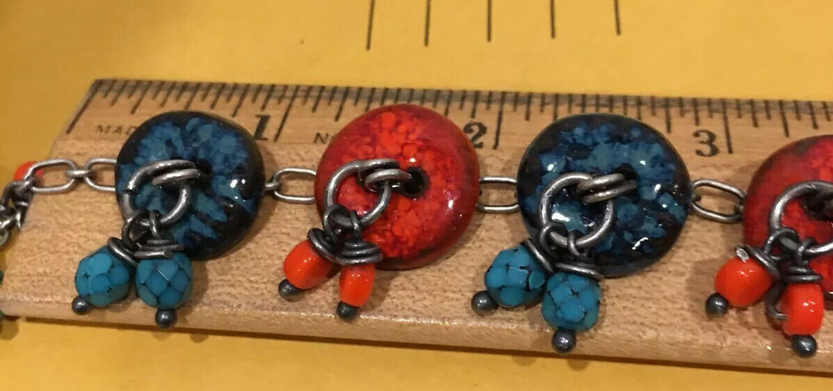 turquoise & Orange Southwest Boho Bracelet 7” Chain With Hook Cl