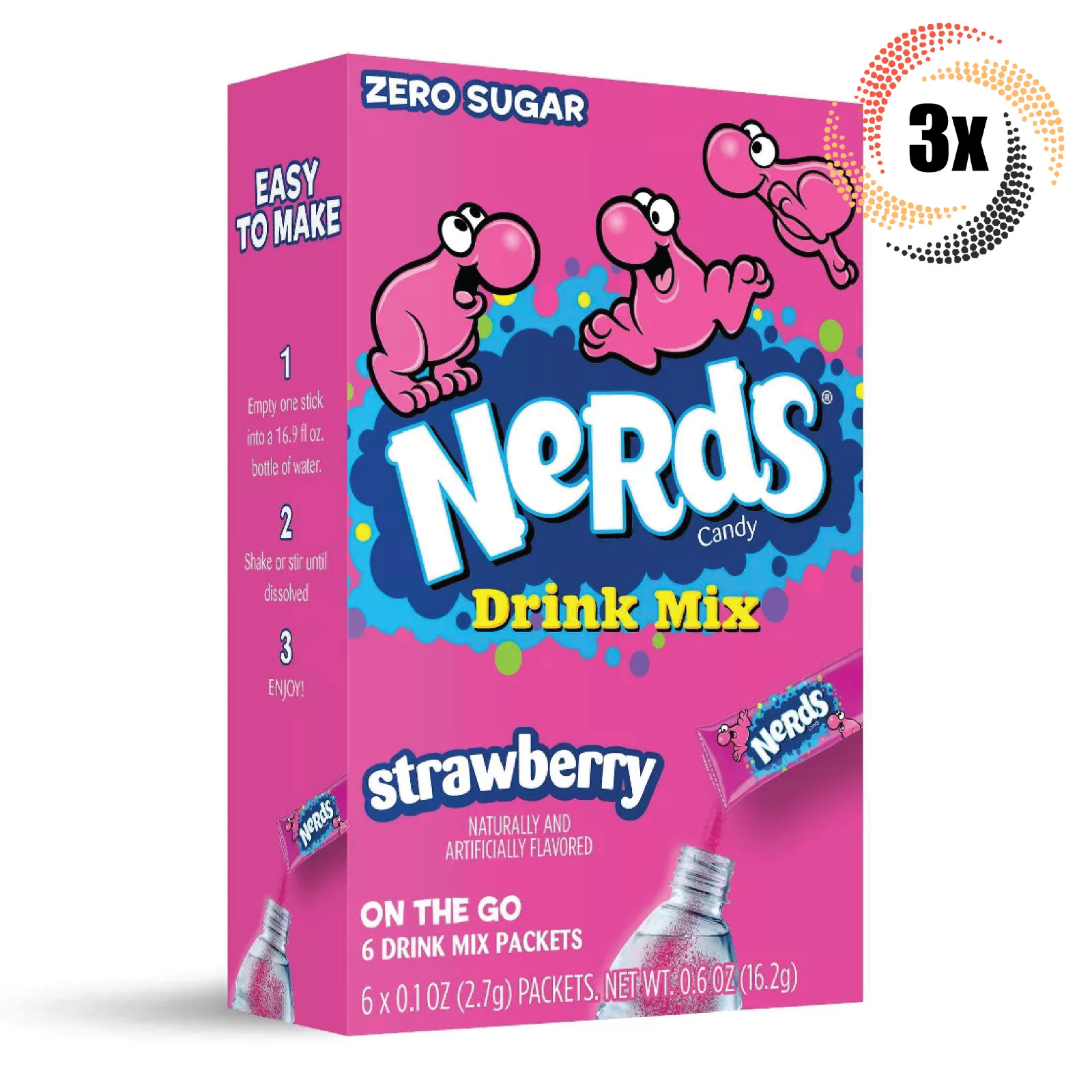 3 упаковки смеси для напитков Nerds Strawberry Flavor On The Go | по 6 порций в каждой | 6 унций