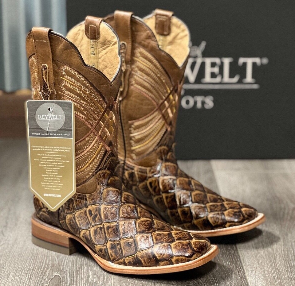 MEN'S RODEO COWBOY FISH PIRARUCU PRINT WESTERN SQUARE TOE BOOTS COGNAC ...