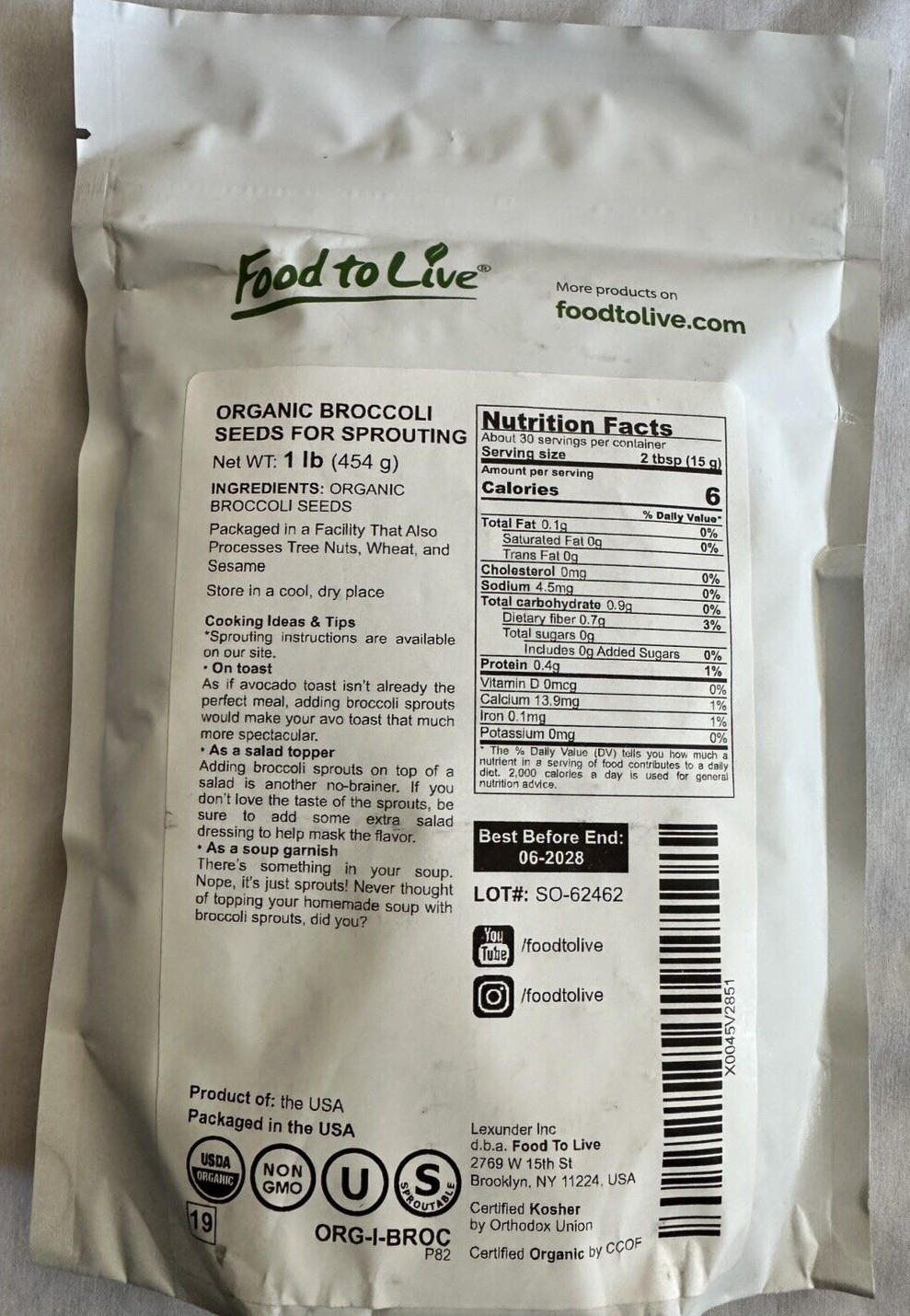 Broccoli Sprouting Seeds, 1 lb – Organic, Non-GMO, Kosher, Vegan by Food to Live