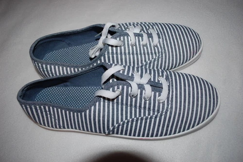Womens BLUE WHITE STRIPED CANVAS TENNIS SHOES Casual Lace Up Walking 6 7 9 10 11