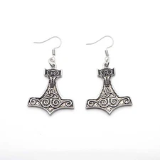 THOR 2 Sided Silver Hanging Earings W/Norse Symbol 