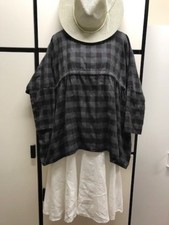 ichi antiquites Japan Cotton Polyester Rayon Charcoal Gray Check Peplum Shirt