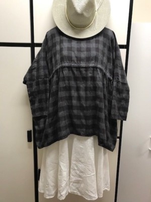 ichi antiquites Japan Cotton Polyester Rayon Charcoal Gray Check Peplum Shirt