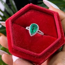 3Ct Pear Cut Lab Created Emerald Halo Engagement Ring In 14K White Gold Plated