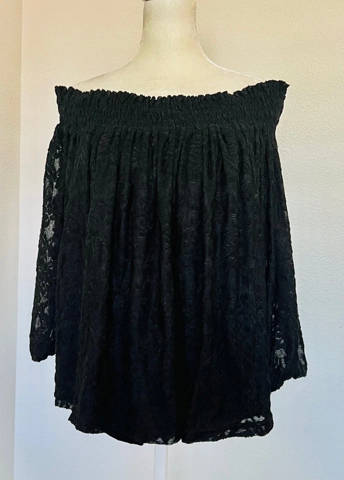 Top Anthropologie Deletta Sommer manga 3/4 fuera del hombro negro encaje ajustado Foto 4 de 4