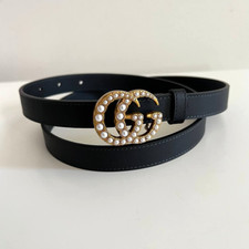 Authentic Women's Pearl GG Marmont BlackGUCCl Leather Belt 90cm