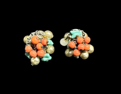 Earrings Accessocraft NY Clip On Faux Multi Gemstone Dangle Beads Silver Tone