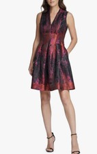 vince camuto Purple Red Navy Floral Pleated Fit& Flare Dress Sz 4
