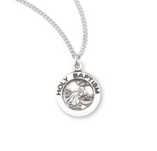 Petite Sterling Silver Holy Baptism Medal Pendant Necklace for Boys and Girls