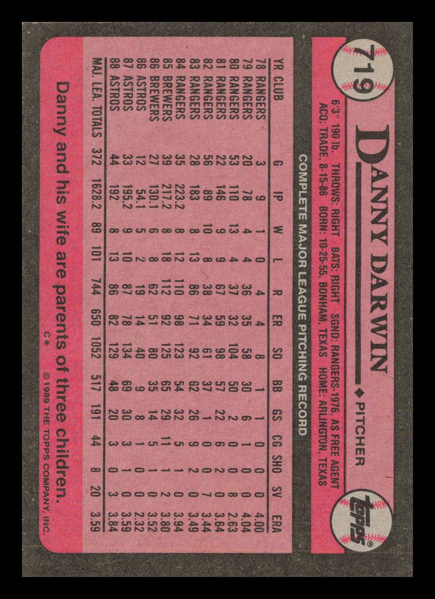 Danny Darwin #719 1989 Topps Houston Astros Baseball | eBay