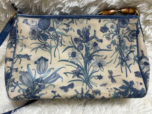 GUCCI Interlocking G Flora Bamboo Shoulder Bag Blue Very Rare Authentic - Picture 9 of 19