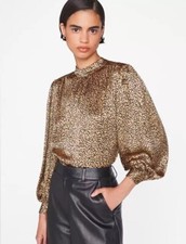 FRAME XS Shirred Mock Neck Womens Blouse Beige Black Silk Satin Top $398