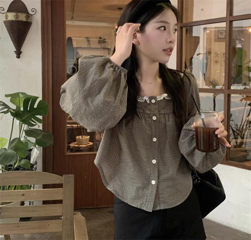 Women Retro Puff Sleeve Loose Casual student Blouse Tops Shirts