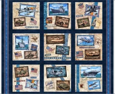 Military Patriotic Fabric Air Force Navy Army on Blue Cotton QT 35"X44" Panel