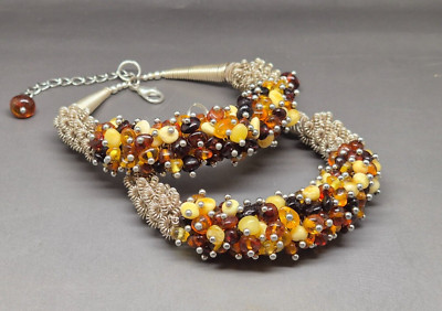 Handgefertigtes Armband mit Draht umwickelt versilbert Bernstein MIX