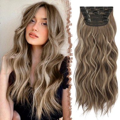 FESHFEN Clip-In Haarverlängerungen 50 cm Wellig Dunkelgrau Blond