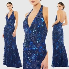 MAC DUGGAL SEQUINED HALTER NECKLINE FLORAL GOWN DRESS MIDNIGHT BLUE NWT SZ 18