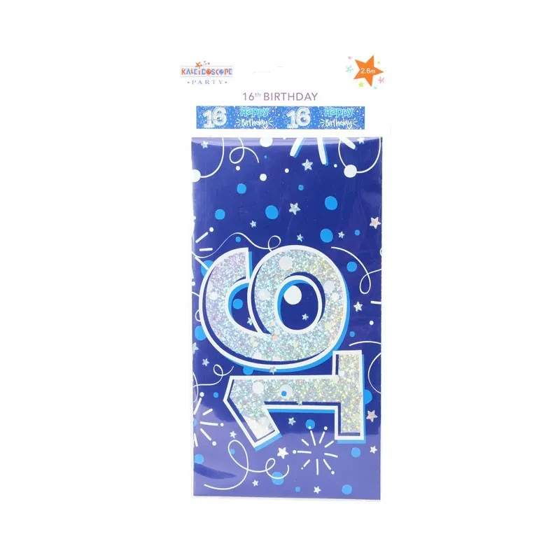 Happy 16th Birthday Blue Silver 2.6m foil Banner Party Decoration Holographic 16